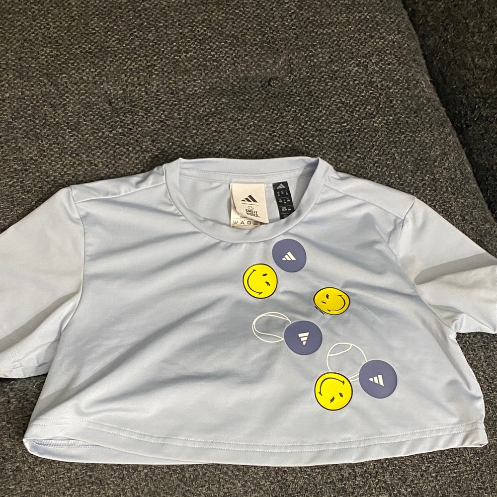 adidas Light Blue Crop Tee with Yellow Smiley Graphics